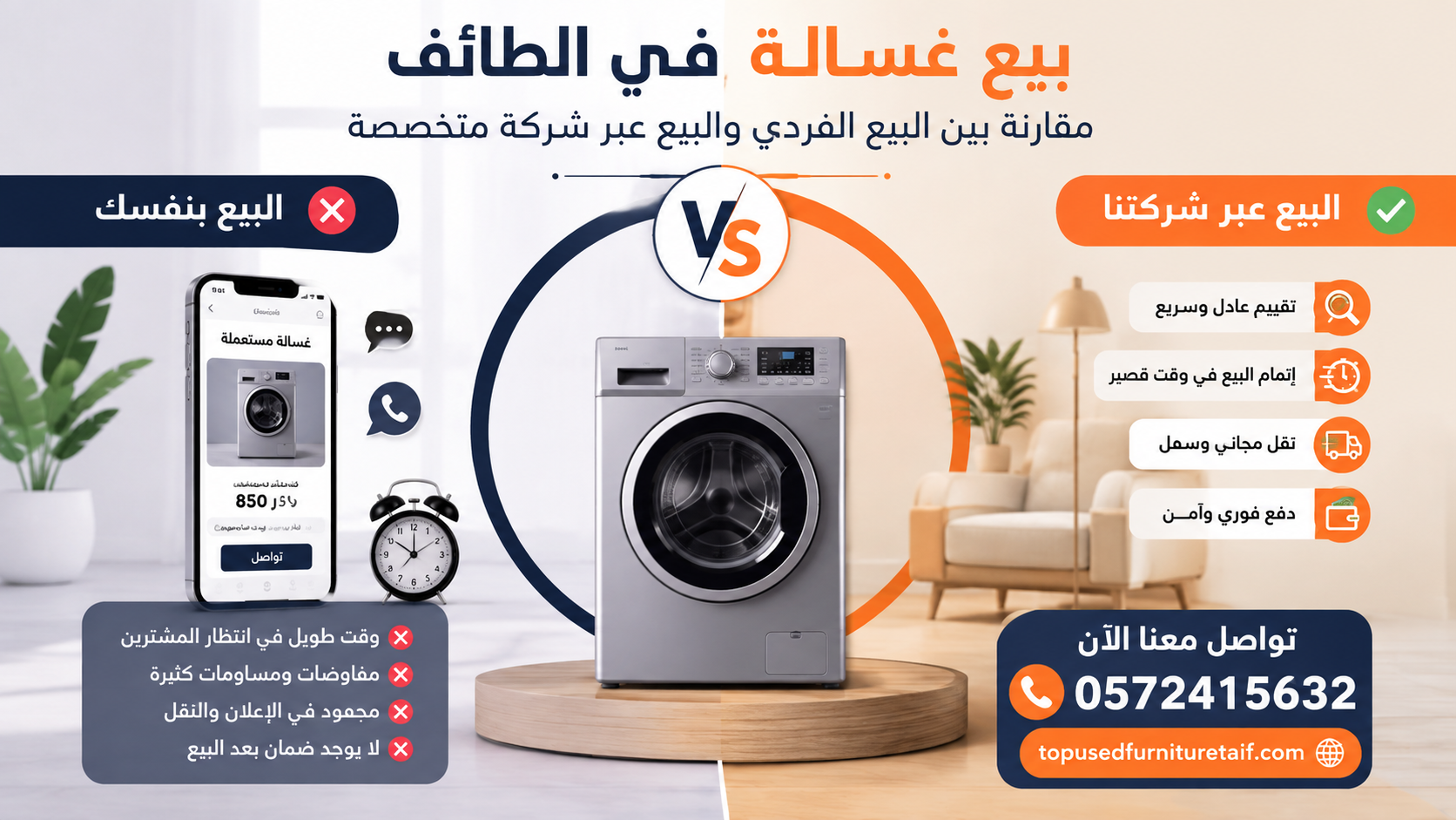 بيع غسالة في الطائف: مقارنة شاملة بين البيع الفردي والبيع عبر شركة متخصصة